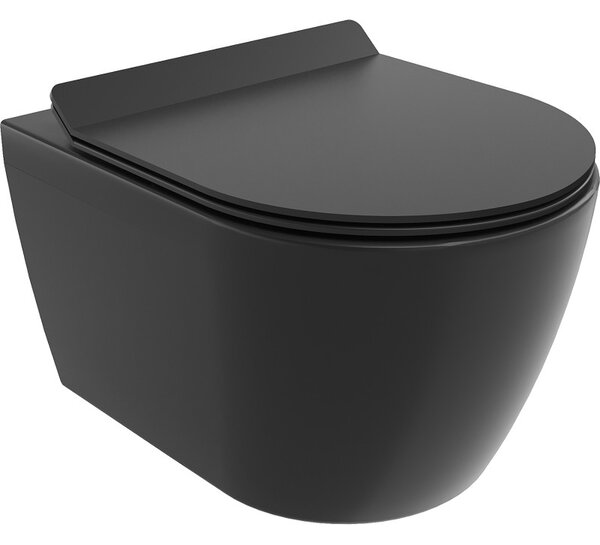 Mexen Carmen, závěsná WC mísa 490x365x340 mm, Rimless Tornádo + WC sedátko z duroplastu, černá matná, 30880185T