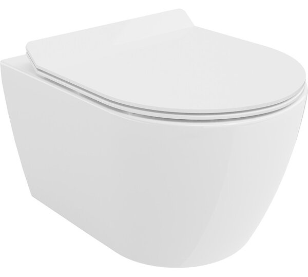Mexen Carmen, závěsná WC mísa 490x365x340 mm, Rimless Tornádo + WC sedátko z duroplastu, bílá lesklá, 30880100T