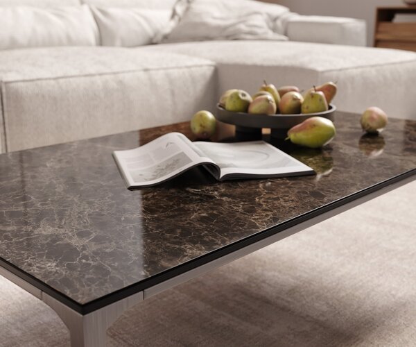 DELIFE Konferenční stolek Levente 110x60 cm keramika Laminam® Emperador Extra Lucidato tmavě hnědá podnož nerezová ocel stříbrná