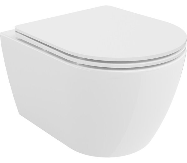 Mexen Carmen, závěsná WC mísa 490x365x340 mm, Rimless Tornádo + WC sedátko z duroplastu, bílá lesklá, 30880300T