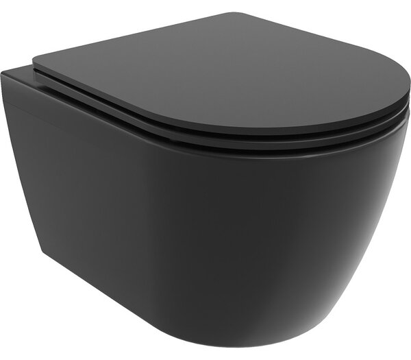 Mexen Carmen, závěsná WC mísa 490x365x340 mm, Rimless Tornádo + WC sedátko z duroplastu, černá matná, 30881085T