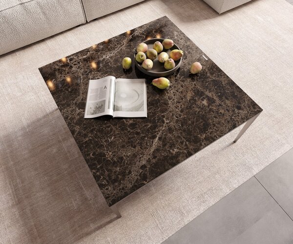 DELIFE Konferenční stolek Levente 85x85 cm keramika Laminam® Emperador Extra Lucidato tmavě hnědá podnož nerezová ocel stříbrná