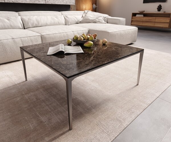 DELIFE Konferenční stolek Levente 85x85 cm keramika Laminam® Emperador Extra Lucidato tmavě hnědá podnož nerezová ocel stříbrná