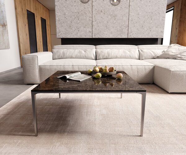 DELIFE Konferenční stolek Levente 85x85 cm keramika Laminam® Emperador Extra Lucidato tmavě hnědá podnož nerezová ocel stříbrná