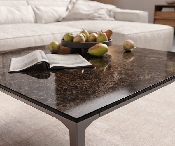 DELIFE Konferenční stolek Levente 85x85 cm keramika Laminam® Emperador Extra Lucidato tmavě hnědá podnož nerezová ocel stříbrná