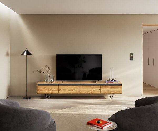 DELIFE TV stolek Stonegrace 240 cm dub přírodní 4 dvířka podnož ve tvaru V kov černá