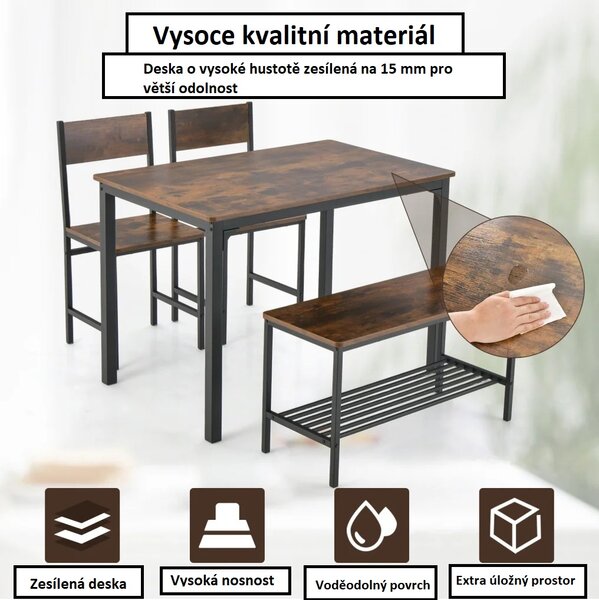 Jídelní sestava 4-dílná rustikální (1 stůl, 1 lavice, 2 židle), černo-hnědá KC59325CF