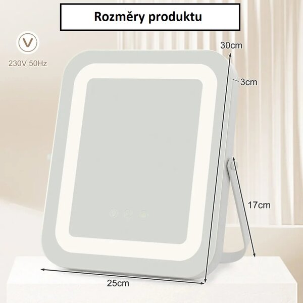 Kosmetické zrcátko s LED osvětlením, stmívatelné, 25 x 30 cm HU10614DE-WH