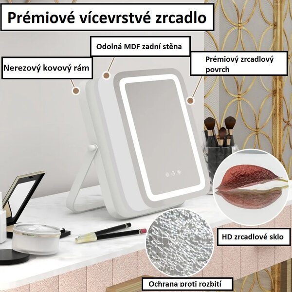 Kosmetické zrcátko s LED osvětlením, stmívatelné, 25 x 30 cm HU10614DE-WH