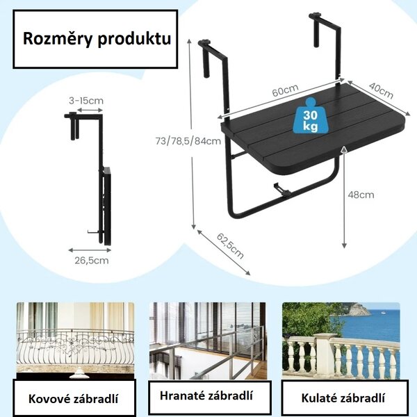 Balkonový závěsný stolek čtvercový černý, kov/HIPS NP11099BK