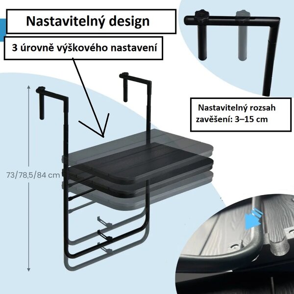 Balkonový závěsný stolek čtvercový černý, kov/HIPS NP11099BK