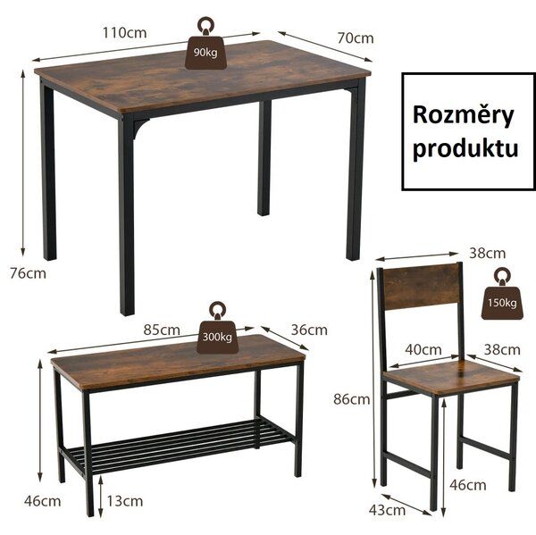 Jídelní sestava 4-dílná rustikální (1 stůl, 1 lavice, 2 židle), černo-hnědá KC59325CF