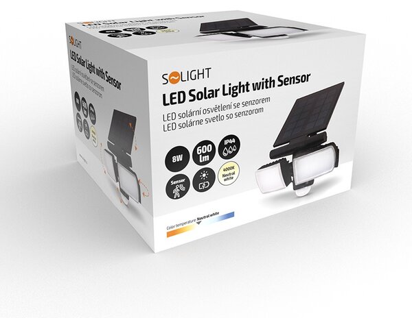 SOLIGHT LED solární osvětlení se senzorem 8W/600Lm/Li-Ion 3,7V-2000mAh/IP44, černé