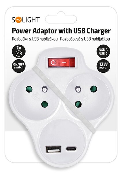 SOLIGHT Zásuvka rozbočovací s USB A+C nabíječkou a vypínačem 2x 230V/10A, bílá