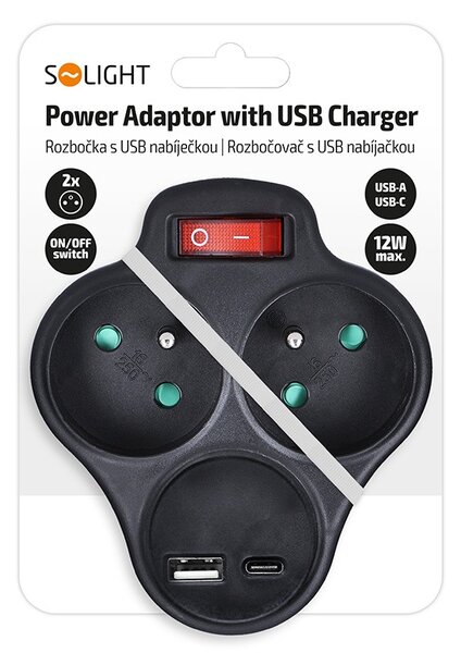 SOLIGHT Zásuvka rozbočovací s USB A+C nabíječkou a vypínačem 2x 230V/10A, černá
