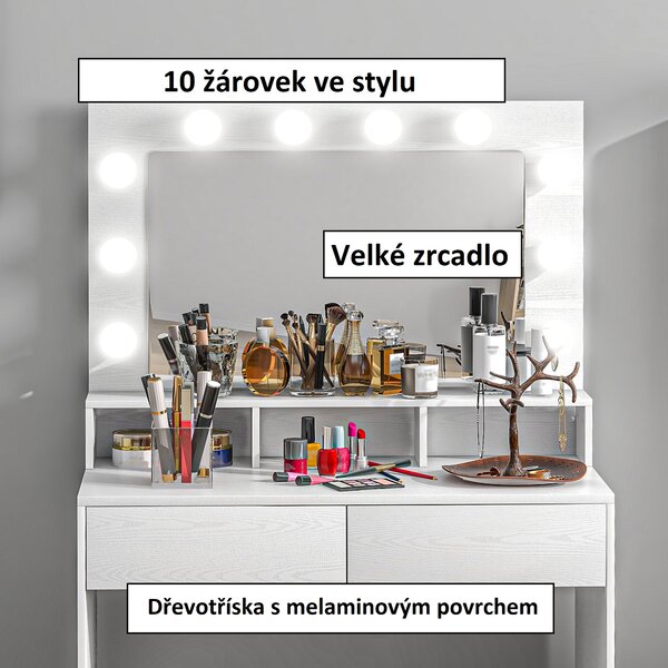 HOMCOM Toaletní kosmetický stolek s LED osvětlením, bílý dekor dřeva 831-823V90WT