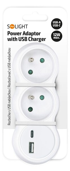 SOLIGHT Rozbočka s USB A+C nabíječkou, 2 x 10A, bílá