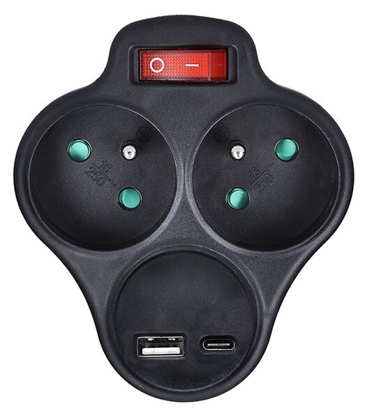 SOLIGHT Zásuvka rozbočovací s USB A+C nabíječkou a vypínačem 2x 230V/10A, černá