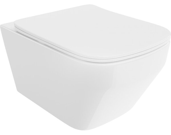 Mexen Riva, závěsná WC mísa 555x370x335 mm, Rimless Tornádo + WC sedátko z duroplastu, bílá lesklá, 30630200T