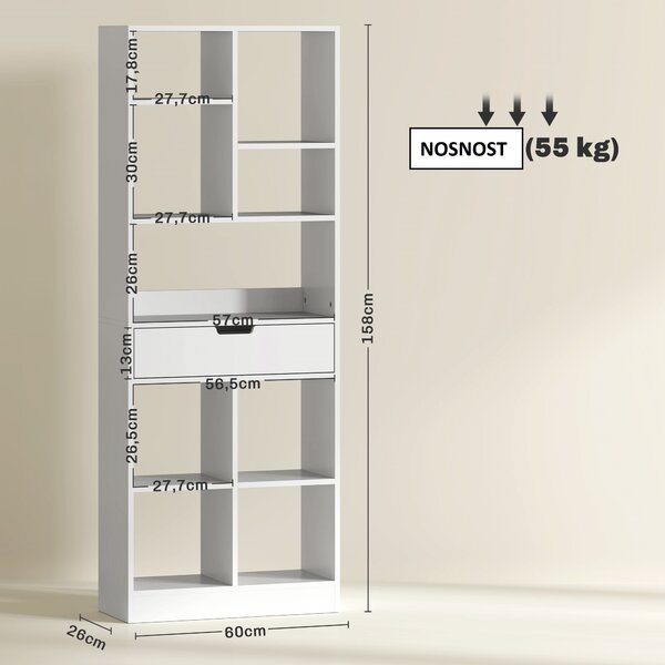 Knihovna s 9 policemi a zásuvkou, bílá, 60 x 26 x 158 cm 836-546V91WT