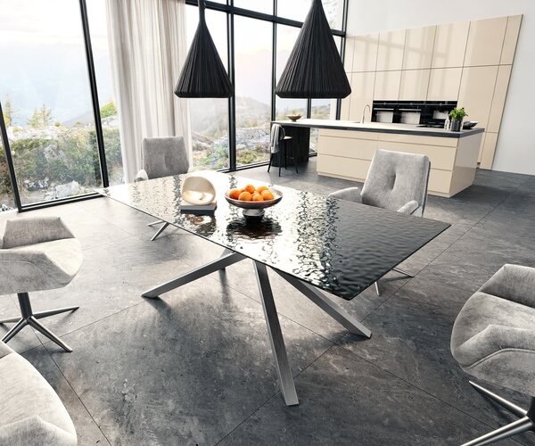 DELIFE Jídelní stůl Edge 200x100 sklo s reliéfem kouřově černé 3D design křížová podnož nerezová ocel