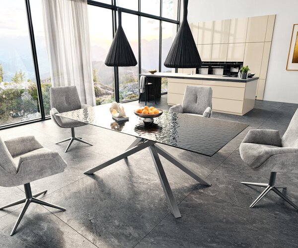 DELIFE Jídelní stůl Edge 200x100 sklo s reliéfem kouřově černé 3D design křížová podnož nerezová ocel