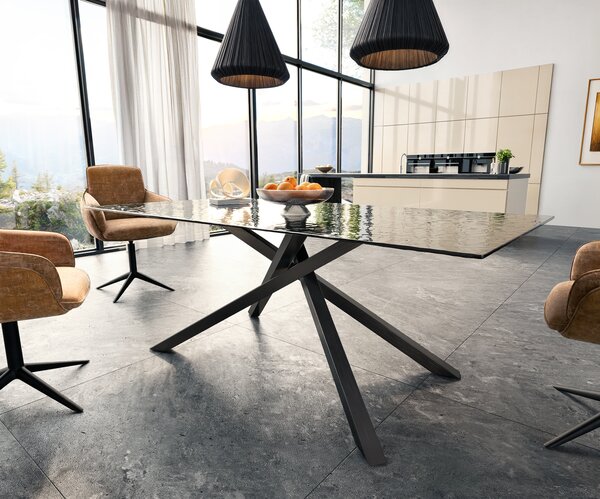 DELIFE Jídelní stůl Edge 200x100 sklo s reliéfem kouřově černé 3D design křížová podnož obdélník černá