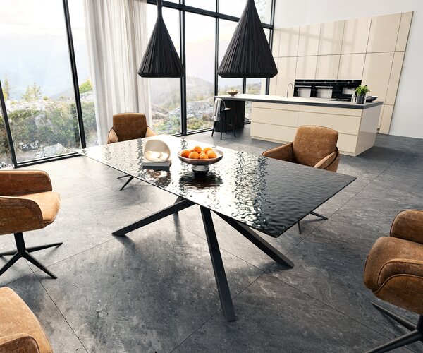 DELIFE Jídelní stůl Edge 200x100 sklo s reliéfem kouřově černé 3D design křížová podnož obdélník černá