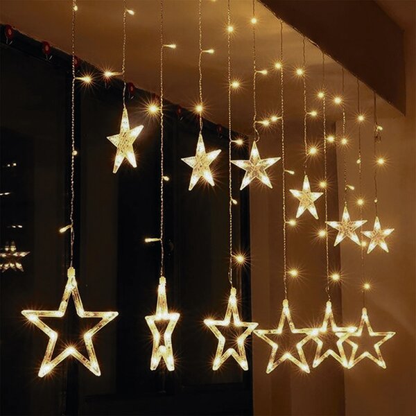 SOLIGHT LED venkovní vánoční závěs, hvězdy, šíře 3m, 123LED, IP44, 3xAA, teplá bílá