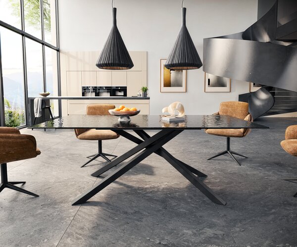 DELIFE Jídelní stůl Edge 200x100 sklo s reliéfem kouřově černé 3D design křížová podnož obdélník černá