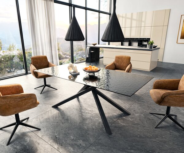 DELIFE Jídelní stůl Edge 200x100 sklo s reliéfem kouřově černé 3D design křížová podnož obdélník černá