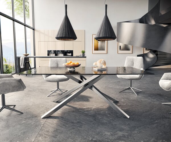 DELIFE Jídelní stůl Edge 200x100 sklo s reliéfem kouřově černé 3D design křížová podnož nerezová ocel
