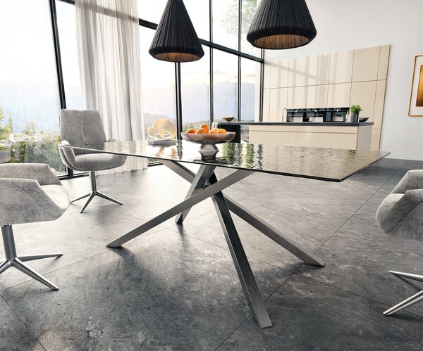 DELIFE Jídelní stůl Edge 200x100 sklo s reliéfem kouřově černé 3D design křížová podnož nerezová ocel