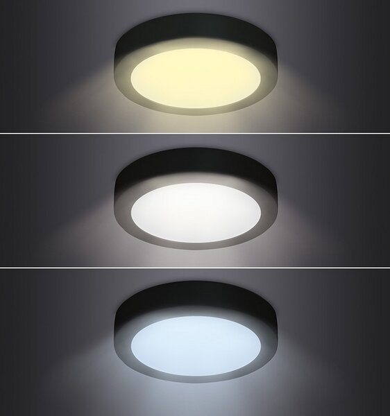 SOLIGHT LED mini panel CCT, přisazený, 18W, 1530lm, 3000K, 4000K, 6000K, kulatý černý