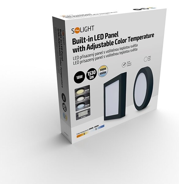SOLIGHT LED mini panel CCT, přisazený, 18W, 1530lm, 3000K, 4000K, 6000K, čtvercový černý