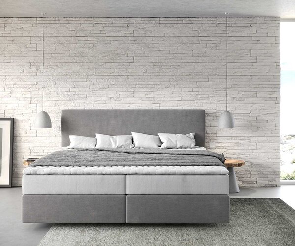 DELIFE Boxspring postel Dream-Well mikrovlákno šedá 200x200 cm s taštičkovou pružinovou matrací a visco topperem
