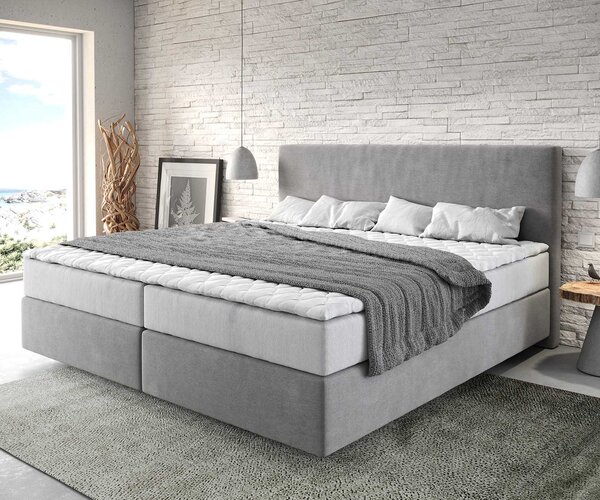 DELIFE Boxspring postel Dream-Well mikrovlákno šedá 200x200 cm s taštičkovou pružinovou matrací a visco topperem
