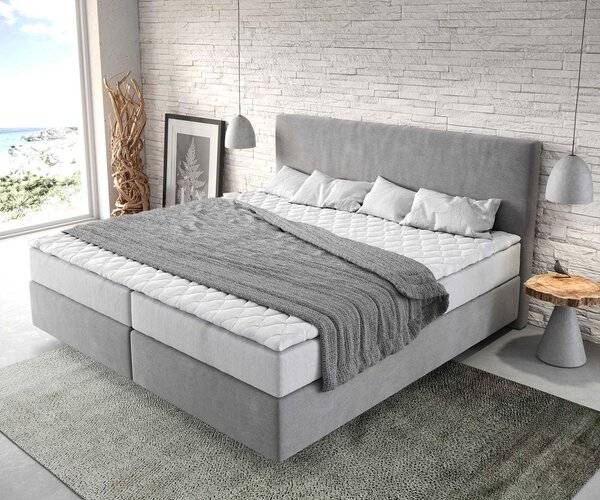 DELIFE Boxspring postel Dream-Well mikrovlákno šedá 200x200 cm s taštičkovou pružinovou matrací a visco topperem