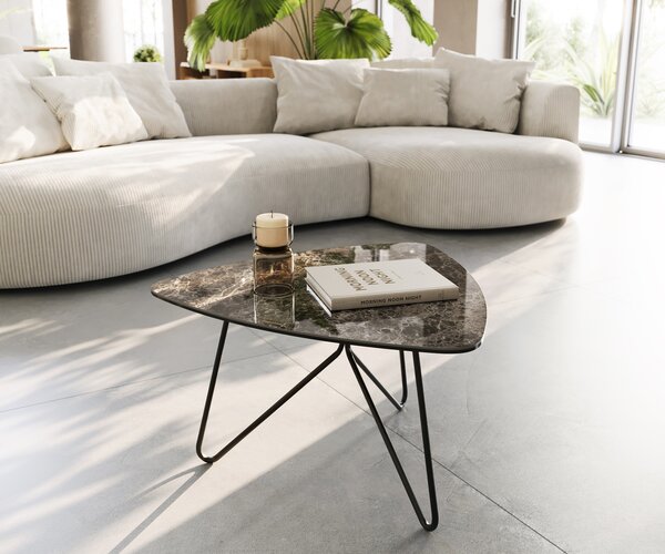 DELIFE Konferenční stolek Ekrem 65x65 cm keramika Laminam®Emperador Extra Lucidato tmavě hnědá Hairpin kov černá