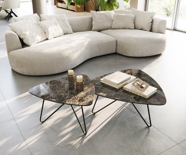 DELIFE Konferenční stolek Ekrem 88x85 cm keramika Laminam®Emperador Extra Lucidato tmavě hnědá Hairpin kov černá