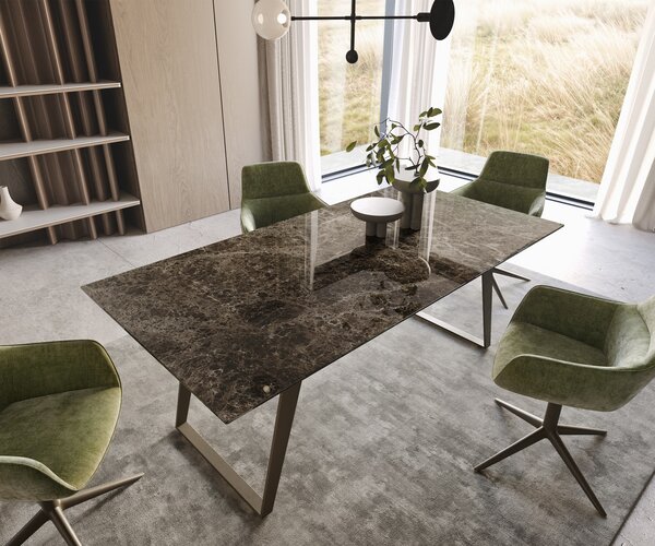 DELIFE Jídelní stůl Edge 200x100 keramika Laminam® Emperador Extra Lucidato tmavě hnědá kov titanová barva šikmý