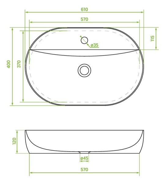 Laveo Lomami, umyvadlo na desku 610x400x120 mm, bílá lesklá, LAV-VUL_6161