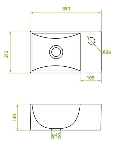 Laveo Kvadrato, keramické umyvadlo 355x210x130 mm, bílá lesklá, LAV-VUK_6135