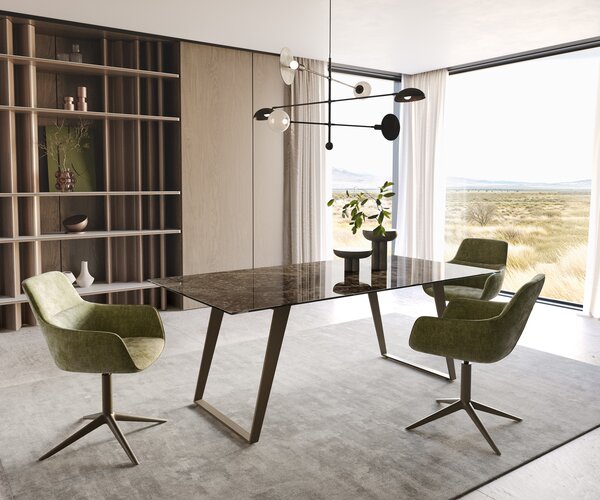 DELIFE Jídelní stůl Edge 200x100 keramika Laminam® Emperador Extra Lucidato tmavě hnědá kov titanová barva šikmý