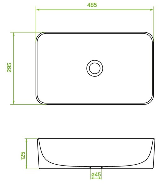 Laveo Kvadrato, umyvadlo na desku 485x295x125 mm, bílá lesklá, LAV-VUK_6249