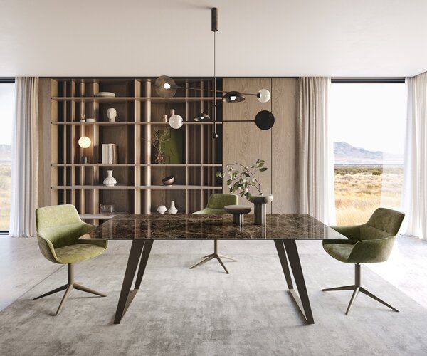 DELIFE Jídelní stůl Edge 200x100 keramika Laminam® Emperador Extra Lucidato tmavě hnědá kov titanová barva šikmý