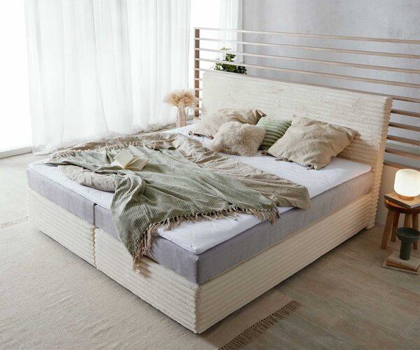 DELIFE Boxspring postel Dream-Well plyšový manšestr béžová 200x200 cm s taštičkovou pružinovou matrací a visco topperem