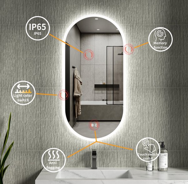 Erga Demi, oválné LED zrcadlo 50x100cm, 3 barvy světla, přední osvětlení, topná podložka proti zapaření, ERG-V01-DEMI-5010-CL