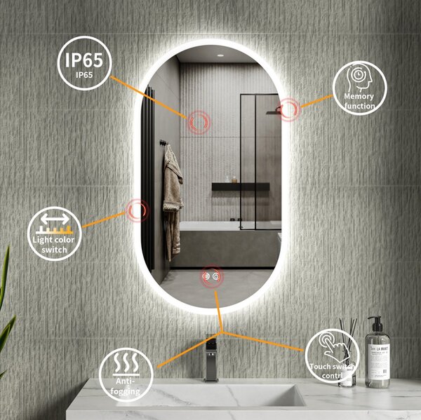 Erga Demi, oválné LED zrcadlo 50x90cm, 3 barvy světla, přední osvětlení, topná podložka proti zapaření, ERG-V01-DEMI-5090-CL