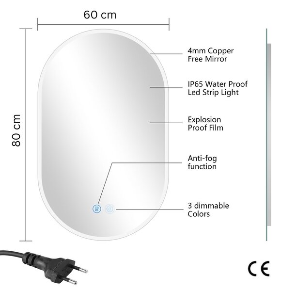 Erga Demi, oválné LED zrcadlo 60x80cm, 3 barvy světla, přední osvětlení, topná podložka proti zapaření, ERG-V01-DEMI-6080-CL